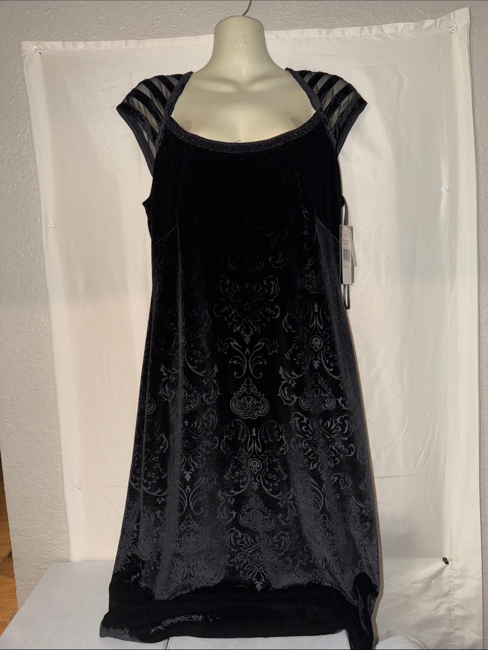 Jax Black Velvet Damask Midi Dress with Sheer Cap Sleeves